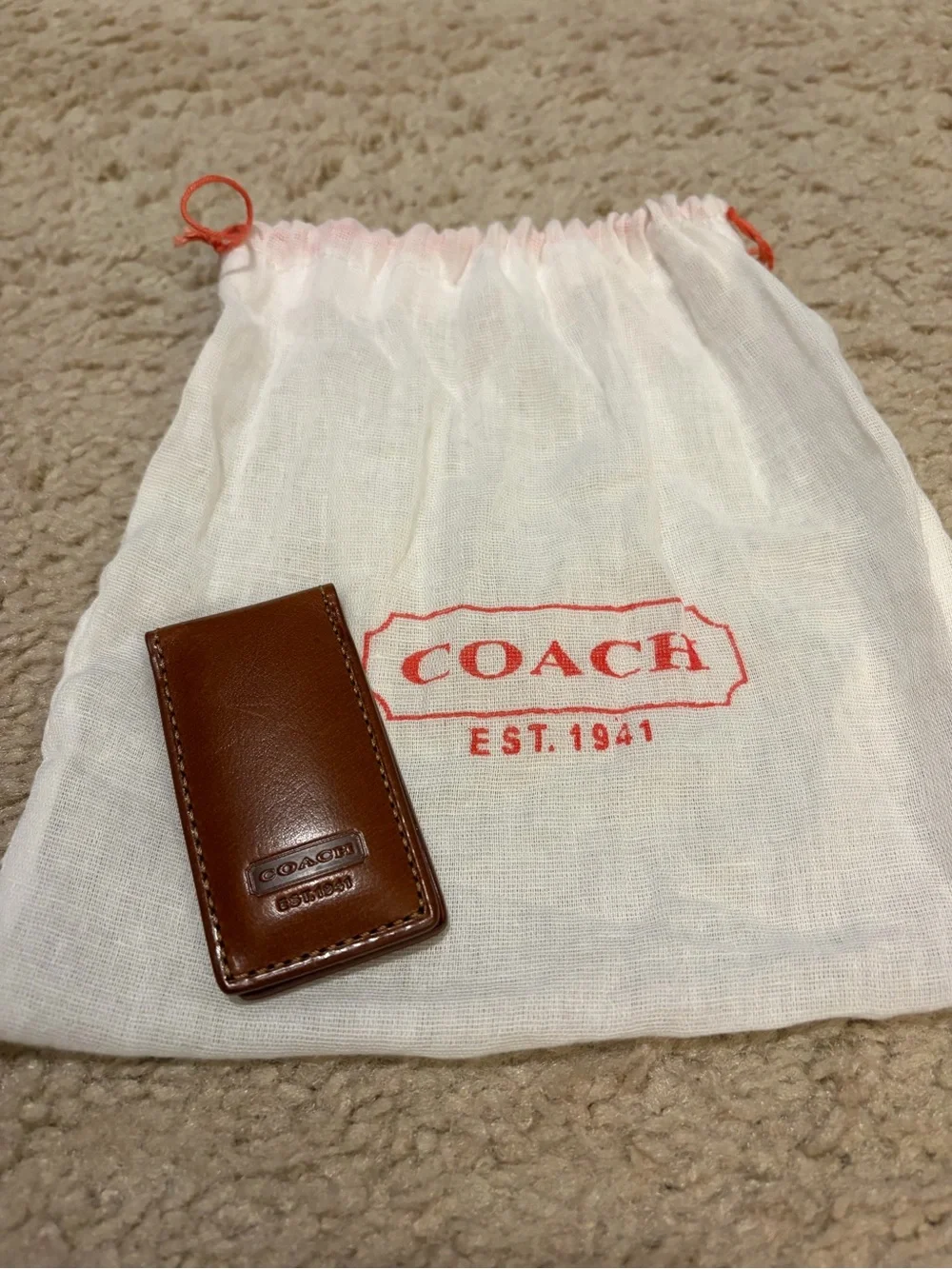 Coach British Tan Leather Money Clip with Embossed Logo - NEW